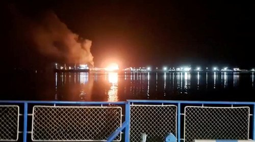 A screen grab from a video shows an explosion amid Russian drone strikes near Orlivka