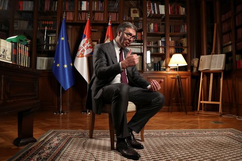 Serbian President Aleksandar Vucic speaks during an interview with Reuters in Belgrade