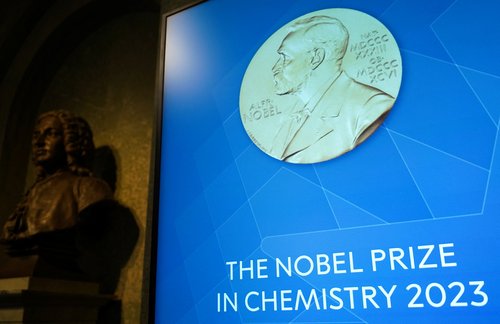 A view of a screen inside the Royal Swedish Academy of Sciences, where the Nobel Prize in Chemistry is announced, in Stockholm