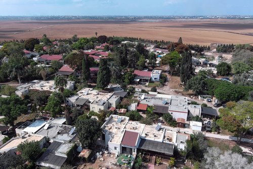 An aerial view shows Kibbutz Krar Aza following a mass infiltration by Hamas gunmen from the Gaza Strip, in southern Israel