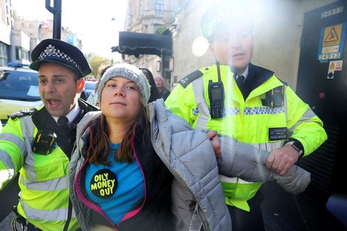 Swedish climate campaigner Greta Thunberg attends an Oily Money Out and Fossil Free London protest in London