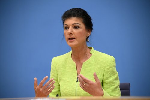 Sahra Wagenknecht of Germany's The Left party holds a press conference in Berlin