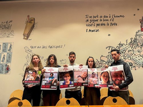 Relatives of people held hostage by Hamas at a press conference seek help from the French authorities to secure the release of their family members in Paris