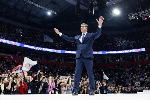 Serbian President Aleksandar Vucic attends a rally of the ruling Serbian Progressive Party