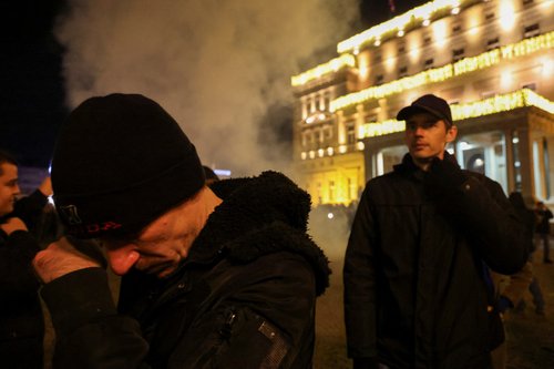 Supporters of the opposition SPN coalition protest in Belgrade