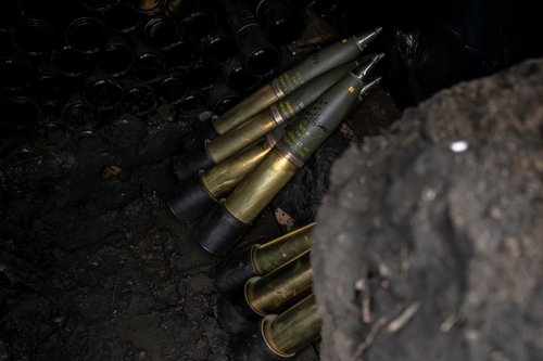 Shells for a howitzer are seen at a position of Ukrainian servicemen near the front-line town of Bakhmut