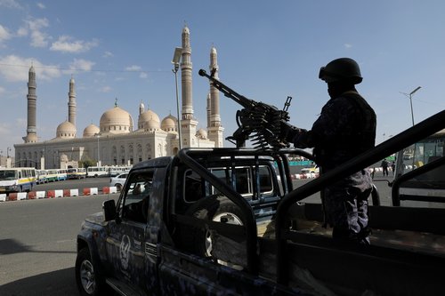 Houthi supporters commemorate ten fighters killed by the U.S. Navy, in Sanaa
