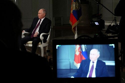 Russian President Vladimir Putin gives interview to U.S. television host Tucker Carlson in Moscow