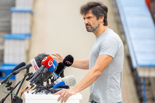 Slovakia's Minister of Defense Kalinak attends a press conference outside F.D. Roosevelt University Hospital
