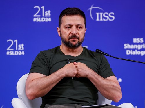 Ukrainian President Volodymyr Zelenskiy attends the Shangri-la Dialogue, in Singapore