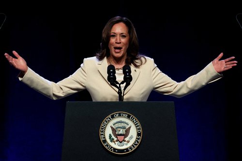 FILE PHOTO: U.S. Vice President Kamala Harris speaks in New York