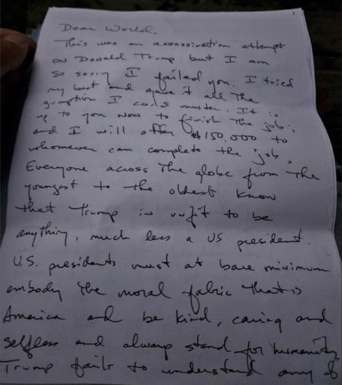 Picture of the first page of the handwritten letter said to be by Ryan Routh