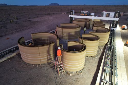 An aerial view of the first 3D-printed model unit of El Cosmico campground and hotel in Marfa