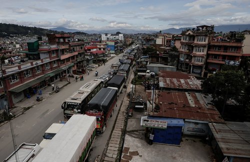 A long queue of vehicles waits for the Tribhuwan Highway to reopen after a landslide triggered by heavy rainfall blocked the highway leading to Kathmandu