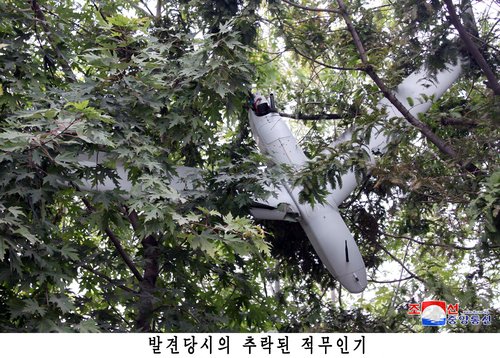 The remains of a crashed drone are shown in a photo released by North Korea's official Korean Central News Agency