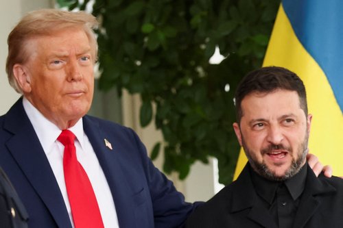 U.S. President Donald Trump greets Ukrainian President Volodymyr Zelenskiy at the White House