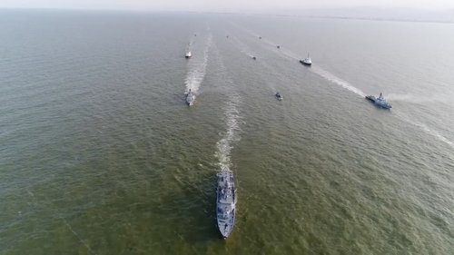 An aerial view shows Russian military vessels during major naval drills, which are conducted by the Russian Navy in the Pacific and Arctic oceans and in the Baltic and Caspian seas,
