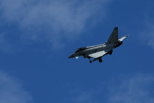An RAF Typhoon fighter jet flies ahead of U.S. President Donald Trump's departure to Washington, D.C., in Lossiemouth, Scotland, Britain, July 29, 2025.