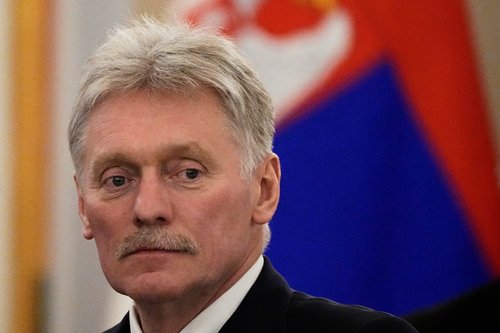 Kremlin spokesman Dmitry Peskov attends a meeting between Russian President Vladimir Putin and Serbia's President Aleksandar Vucic in the Kremlin, during celebrations of the 80th anniversary of the Soviet victory over Nazi Germany
