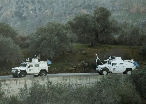 UN peacekeepers (UNIFIL) vehicles ride along a street in Marjaayoun, Southern Lebanon January 20, 2025.