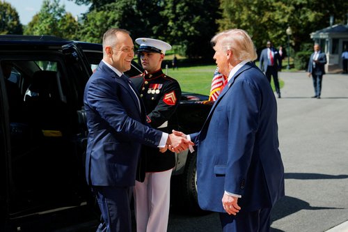 U.S. President Donald Trump greets the President of Poland Karol Nawrocki at the White House in Washington, D.C., U.S., September 3, 2025.