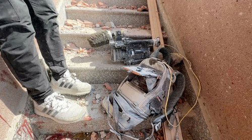 Equipment used by Reuters cameraman Hussam al-Masri lies at the site where he was killed,