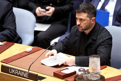 Ukraine's President Volodymyr Zelenskiy speaks during a United Nations Security Council minesterial meeting on Ukraine at UN headquarters in New York, U.S., September 23, 2025. Charly Triballeau/Pool via REUTERS