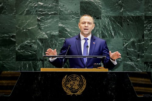 Poland's president Karol Nawrocki addresses the 80th United Nations General Assembly at U.N. headquarters in New York, U.S., September 23, 2025. REUTERS/Eduardo Munoz