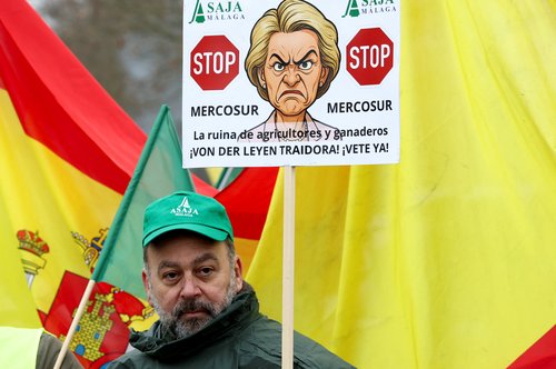 A protester holds a placard with a caricature of European Commission President Ursula von der Leyen outside the European Parliament REUTERS/Yves Herman