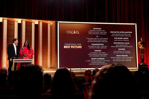 A screen shows the nominees for Best Picture for the 98th Academy Awards as actors Danielle Brooks and Lewis Pullman host the announcement event, at the Samuel Goldwyn Theater in Beverly Hills, California