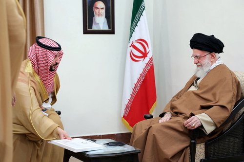 FILE PHOTO: Iran's Supreme Leader Ayatollah Ali Khamenei meets Saudi Defence Minister Prince Khalid bin Salman in Tehran, Iran, April 17, 2025.