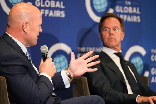 US Ambassador to NATO Matthew G. Whitaker discusses the five percent military spending benchmark for fellow NATO members alongside Secretary General Mark Rutte at a panel discussion on the future of the alliance
