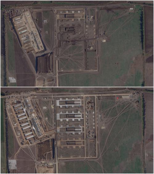 A combination of satellite images shows the area where a large drone launch site is under construction, near Millerovo, Rostov Region, Russia, September 21, 2026, October 11, 2026. 2026 PLANET LABS PBC/Handout via REUTERS