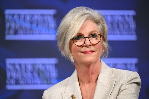 Independent member for Indi Helen Haines reacts during an address at the National Press Club in Canberra, Australia, February 14, 2025.