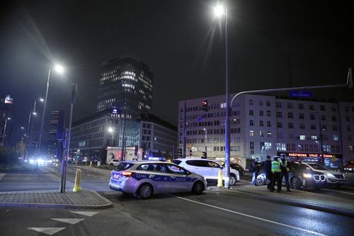 A police vehicle blocks a road near the premises of Poland's Constitutional Tribunal. Michal Borowczyk/Agencja Wyborcza.pl/via REUTERS
