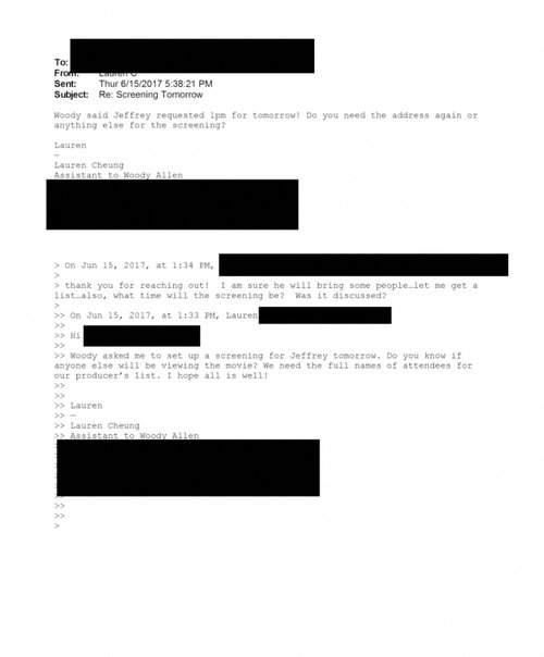An email exchange with an assistant to Woody Allen is shown in this image released by the Department of Justice in Washington, D.C., U.S