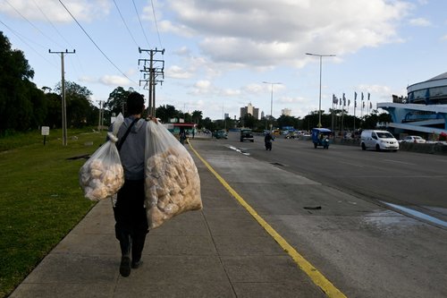 A man carries pork rinds to sell as Cubans brace for fuel scarcity measures after U.S. tightens oil supply blockade, in Havana, Cuba