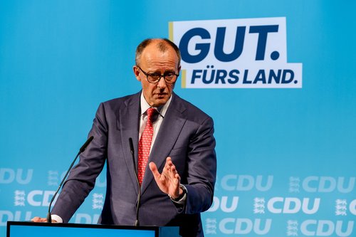 German Chancellor Friedrich Merz speaks during an election campaign of Baden Wuerttemberg Christian Democratic Union (CDU) top candidate Manuel Hagel in Heddesheim, Germany