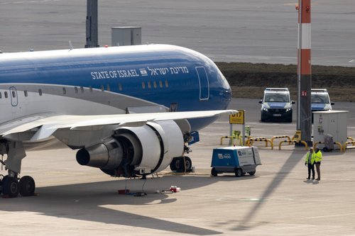 Israel's state aircraft "Wings of Zion" is parked at BER Airport in Schoenefeld, Brandenburg, Germany, March 1, 2026. REUTERS/ Axel Schmidt
