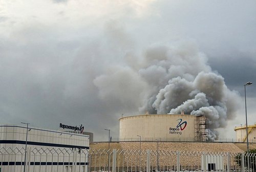 Smoke rises following a strike on the Bapco Oil Refinery, amid the U.S.-Israeli conflict with Iran, on Sitra Island Bahrain