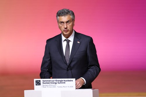 Croatia's Prime Minister Andrej Plenkovic delivers a speech during the opening plenary session at the IAEA Nuclear Energy Summit in Paris, France, March 10, 2026. REUTERS/Abdul Saboor/Pool