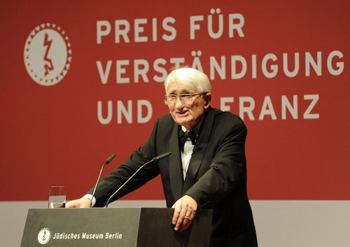FILE PHOTO: German philosopher Professor Juergen Habermas makes a speech during the awards ceremony for the "Understanding and Tolerance" prize at the Jewish museum in Berlin, November 13, 2010.