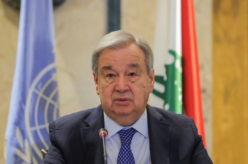 United Nations Secretary-General Antonio Guterres speaks during a press conference, following an escalation between Hezbollah and Israel amid the U.S.-Israeli conflict with Iran, in Beirut, Lebanon, March 14, 2026.