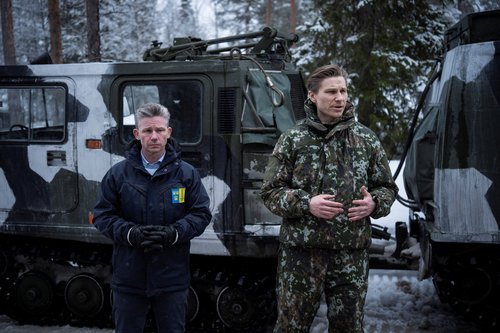 Defence Minister of Finland Antti Hakkanen and Defence Minister of Sweden Pal Jonson speak to the press conference