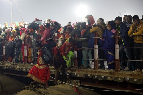 Stampede before the second "Shahi Snan" (grand bath) at the Pitcher Festival, in Prayagraj