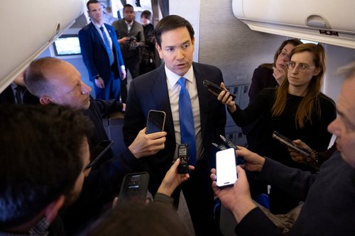 U.S. Secretary of State Marco Rubio speaks with the media on his military airplane as he flies to Jeddah