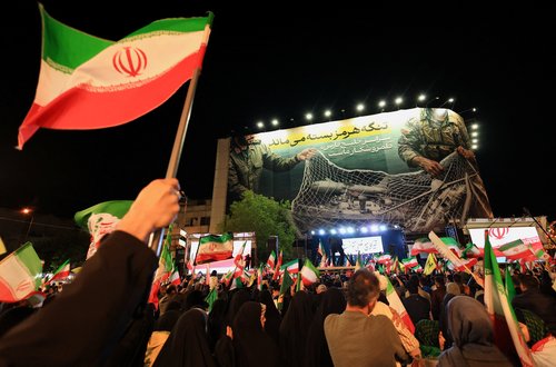 People take part in an anti-U.S. and anti-Israel rally at Enghelab Square amid a ceasefire between U.S. and Iran, in Tehran, Iran, April 15, 2026.