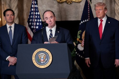 FILE PHOTO: U.S. Secretary of the Navy John Phelan speaks, after President Donald Trump announced the Navy's "Golden Fleet", at Mar-a-lago in Palm Beach, Florida, U.S., December 22, 2025.