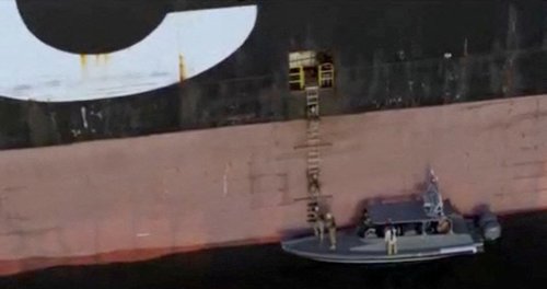 A screen capture from a video said to show the seizure of the container ships MSC Francesca and Epaminondas in the Strait of Hormuz