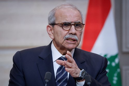 Lebanese Prime Minister Nawaf Salam speaks during a declaration press event held along with French President Emmanuel Macron (not pictured) following their meeting at the Elysee Presidential Palace in Paris, France, April 21, 2026.